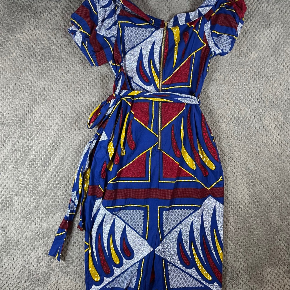 Mae Otti African Wax Print Cotton Midi Dress Faux Wrap Large Pockets Colorful - Picture 6 of 12